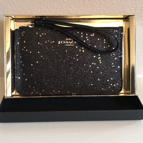 coach star glitter small wristlet black silver